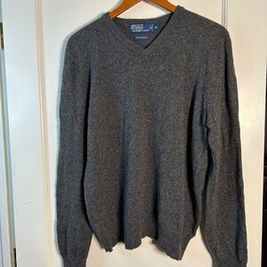 Polo by Ralph Lauren | Men's 100% Lambs Wool Sweater | Grey V-Neck | Size Large